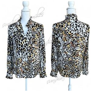 KAREN KANE Ruffle Collar/Cuff Leopard Animal Print Button-Down Blouse size SMALL